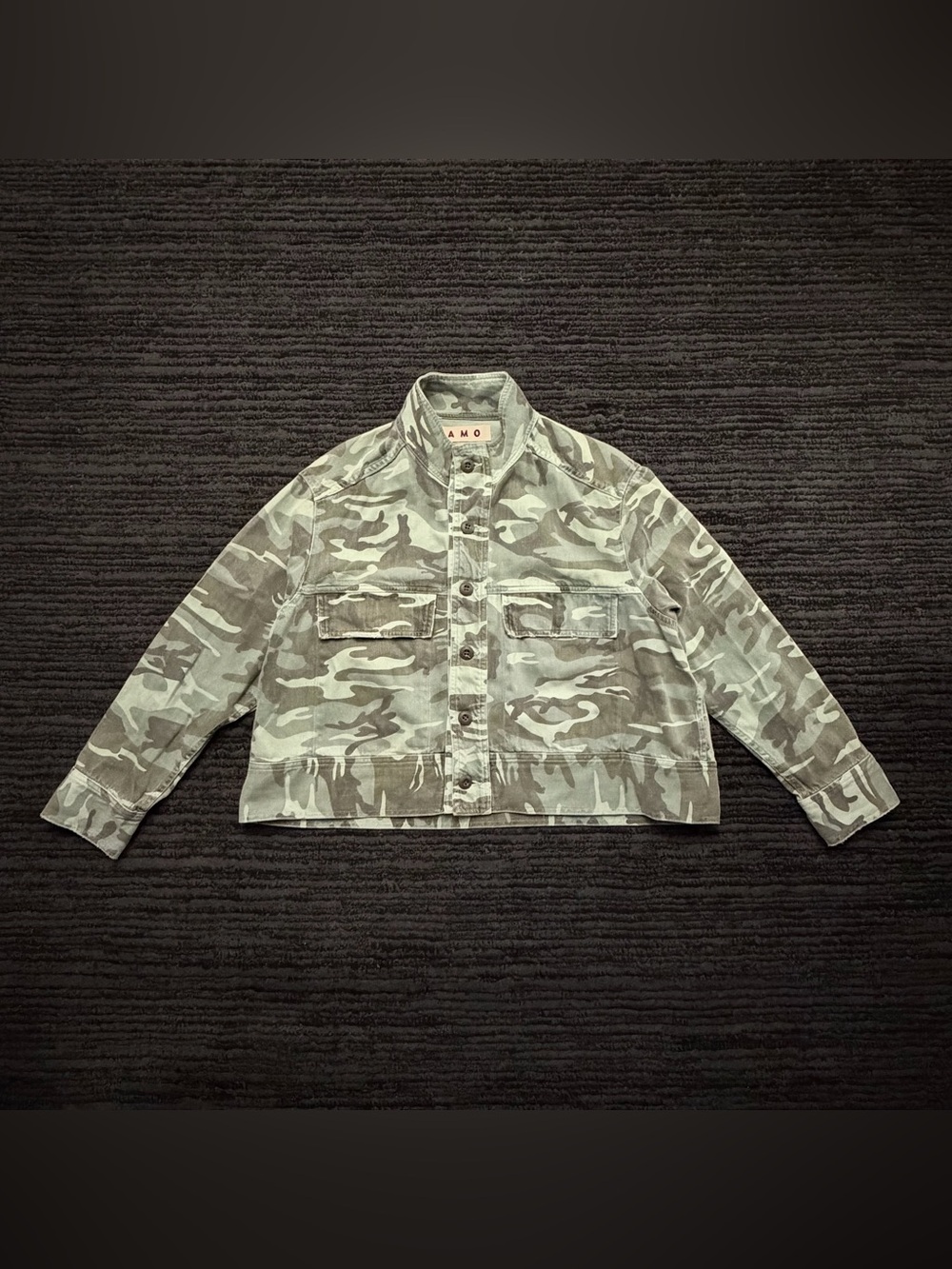 AMO cropped boxy camo button front utility jacket w chest pockets